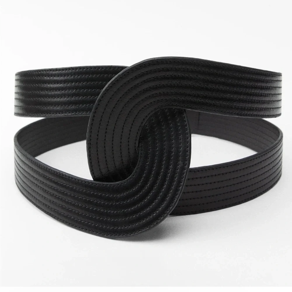 Zara Limited Edition 100% Genuine leather twist black wide belt Sz.80 (S)